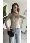 Kadın Krem Fitilli Triko Hırka Fermuarlı Polo Yaka Basic Uzun Kollu
