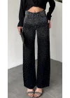Kadın Siyah Taşlı Wide Leg Jean Pantolon Yüksek Bel Bol Paça Denim