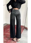 Kadın Siyah Taşlı Wide Leg Jean Pantolon Yüksek Bel Bol Paça Denim
