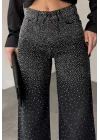 Kadın Siyah Taşlı Wide Leg Jean Pantolon Yüksek Bel Bol Paça Denim