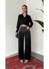 Kadın Siyah Taşlı Wide Leg Jean Pantolon Yüksek Bel Bol Paça Denim
