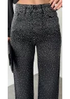 Kadın Siyah Taşlı Wide Leg Jean Pantolon Yüksek Bel Bol Paça Denim