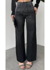 Kadın Siyah Taşlı Wide Leg Jean Pantolon Yüksek Bel Bol Paça Denim