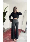 Kadın Siyah Taşlı Wide Leg Jean Pantolon Yüksek Bel Bol Paça Denim