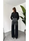 Kadın Siyah Taşlı Wide Leg Jean Pantolon Yüksek Bel Bol Paça Denim