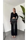 Kadın Siyah Taşlı Wide Leg Jean Pantolon Yüksek Bel Bol Paça Denim