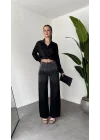 Kadın Siyah Taşlı Wide Leg Jean Pantolon Yüksek Bel Bol Paça Denim