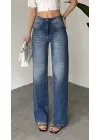 Kadın Mavi Taşlı Wide Leg Jean Pantolon Yüksek Bel Bol Paça Denim