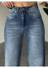 Kadın Mavi Taşlı Wide Leg Jean Pantolon Yüksek Bel Bol Paça Denim