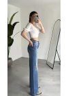 Kadın Mavi Taşlı Wide Leg Jean Pantolon Yüksek Bel Bol Paça Denim
