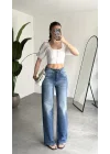 Kadın Mavi Taşlı Wide Leg Jean Pantolon Yüksek Bel Bol Paça Denim
