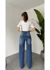 Kadın Mavi Taşlı Wide Leg Jean Pantolon Yüksek Bel Bol Paça Denim