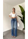 Kadın Mavi Taşlı Wide Leg Jean Pantolon Yüksek Bel Bol Paça Denim