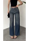 Kadın Koyu Mavi Taşlı Wide Leg Jean Pantolon Yüksek Bel Bol Paça Denim