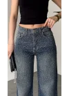 Kadın Koyu Mavi Taşlı Wide Leg Jean Pantolon Yüksek Bel Bol Paça Denim
