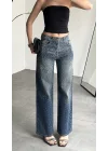 Kadın Koyu Mavi Taşlı Wide Leg Jean Pantolon Yüksek Bel Bol Paça Denim