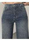 Kadın Koyu Mavi Taşlı Wide Leg Jean Pantolon Yüksek Bel Bol Paça Denim