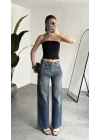 Kadın Koyu Mavi Taşlı Wide Leg Jean Pantolon Yüksek Bel Bol Paça Denim