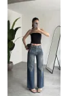 Kadın Koyu Mavi Taşlı Wide Leg Jean Pantolon Yüksek Bel Bol Paça Denim