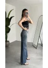 Kadın Koyu Mavi Taşlı Wide Leg Jean Pantolon Yüksek Bel Bol Paça Denim