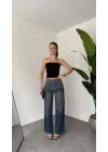 Kadın Koyu Mavi Taşlı Wide Leg Jean Pantolon Yüksek Bel Bol Paça Denim