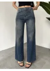 Kadın Koyu Mavi Taşlı Wide Leg Jean Pantolon Yüksek Bel Bol Paça Denim