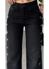 Kadın Siyah Halka Detaylı Wide Leg Jean Pantolon Yüksek Bel Bol Paça Denim