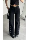 Kadın Siyah Halka Detaylı Wide Leg Jean Pantolon Yüksek Bel Bol Paça Denim