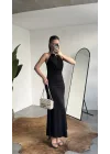 Kadın Siyah Halter Yaka Gold Aksesuarlı Maxi Uzun Boy Abiye Elbise Drapeli Sırt Dekolteli