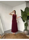 Kadın Bordo Halter Yaka Gold Aksesuarlı Maxi Uzun Boy Abiye Elbise Drapeli Sırt Dekolteli