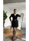 Kadın Siyah Dantel Mini Elbise Kruvaze Yaka Kemerli Uzun Kollu Abiye