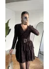 Kadın Kahverengi Dantel Mini Elbise Kruvaze Yaka Kemerli Uzun Kollu Abiye