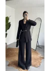 Kadın Siyah Kemerli Blazer Ceket Bel Lastikli Palazzo Pantolon İkili Takım