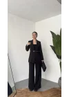 Kadın Siyah Kemerli Blazer Ceket Bel Lastikli Palazzo Pantolon İkili Takım