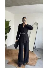 Kadın Siyah Kemerli Blazer Ceket Bel Lastikli Palazzo Pantolon İkili Takım