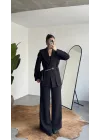 Kadın Siyah Kemerli Blazer Ceket Bel Lastikli Palazzo Pantolon İkili Takım