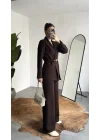 Kadın Kahverengi Kemerli Blazer Ceket Bel Lastikli Palazzo Pantolon İkili Takım