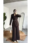 Kadın Kahverengi Kemerli Blazer Ceket Bel Lastikli Palazzo Pantolon İkili Takım