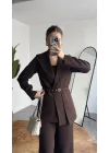 Kadın Kahverengi Kemerli Blazer Ceket Bel Lastikli Palazzo Pantolon İkili Takım