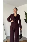 Kadın Bordo Kemerli Blazer Ceket Bel Lastikli Palazzo Pantolon İkili Takım