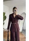 Kadın Bordo Kemerli Blazer Ceket Bel Lastikli Palazzo Pantolon İkili Takım