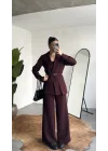 Kadın Bordo Kemerli Blazer Ceket Bel Lastikli Palazzo Pantolon İkili Takım