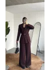 Kadın Bordo Kemerli Blazer Ceket Bel Lastikli Palazzo Pantolon İkili Takım