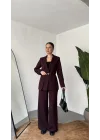 Kadın Bordo Kemerli Blazer Ceket Bel Lastikli Palazzo Pantolon İkili Takım