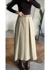 Kadın Krem Maxi Boy Kemerli Uzun Etek Kadın Yüksek Bel Pileli