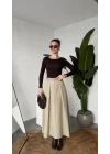Kadın Krem Maxi Boy Kemerli Uzun Etek Kadın Yüksek Bel Pileli