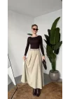 Kadın Krem Maxi Boy Kemerli Uzun Etek Kadın Yüksek Bel Pileli