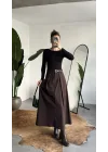 Kadın Kahverengi Maxi Boy Kemerli Uzun Etek Kadın Yüksek Bel Pileli