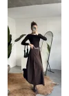 Kadın Kahverengi Maxi Boy Kemerli Uzun Etek Kadın Yüksek Bel Pileli