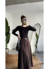 Kadın Kahverengi Maxi Boy Kemerli Uzun Etek Kadın Yüksek Bel Pileli